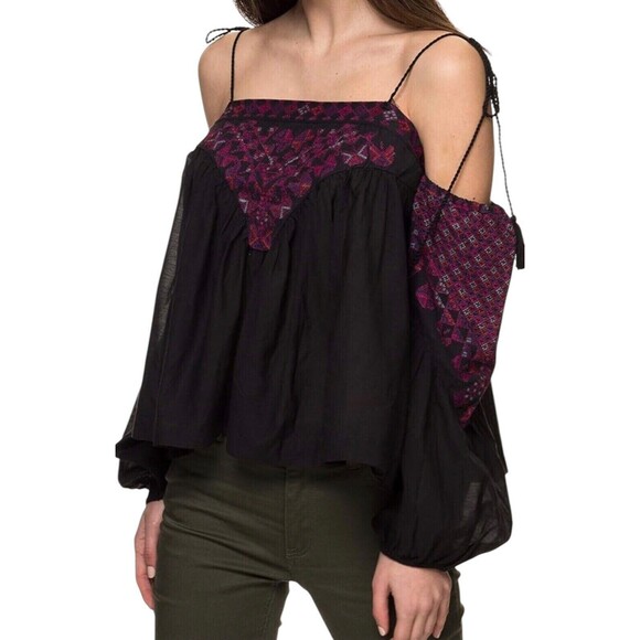 Free People Black Purple Open Shoulder Long Sleeve Top/Blouse size M - Picture 6 of 12
